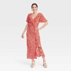 Women's Ruffle Short Sleeve Maxi Dress - A New Day Red Floral XL